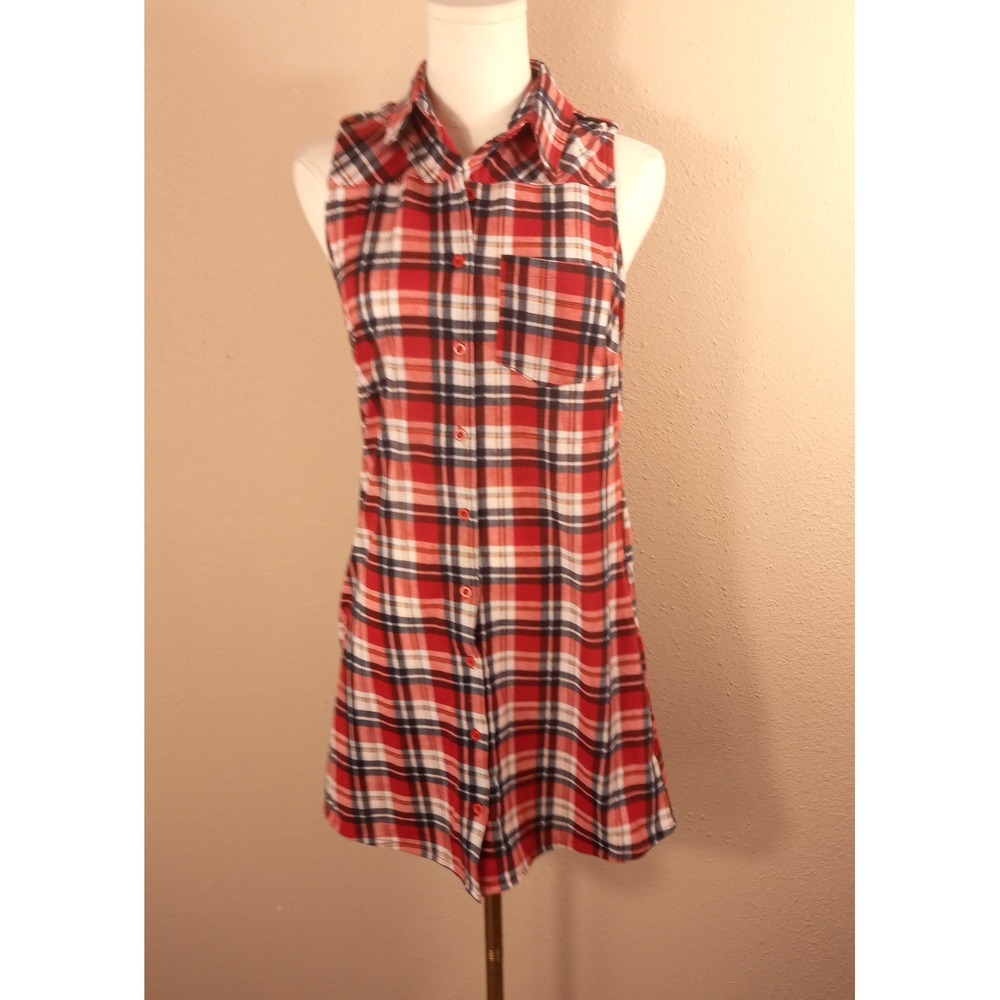 Winwin Apparel Red Plaid Sleeveless Button Down Shirt Dress Small Pocketed‎